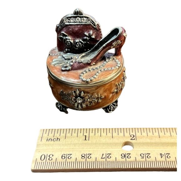 Vtg Heels with Purse Mini Trinket Box Rhinestones Pink-ish Rose Accents Footed - Picture 2 of 7